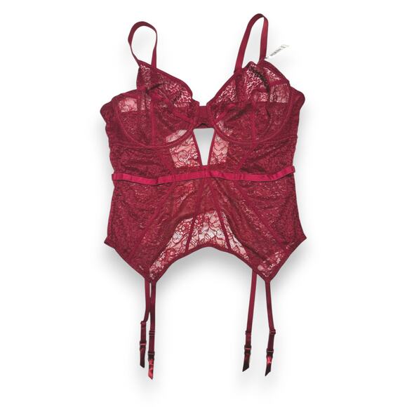 NWT Adore Me Burgundy Lace Bustier Corset With Garters Size 38DDD - Picture 1 of 11